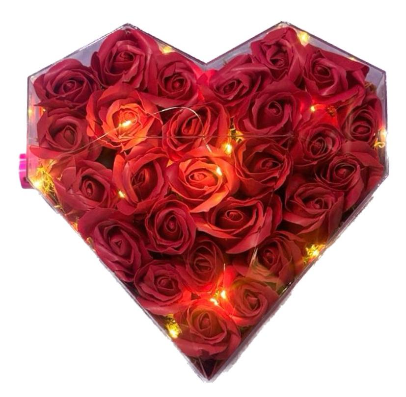 pleksi ışıklı kutuda yapay kırmızı güller (25cm)